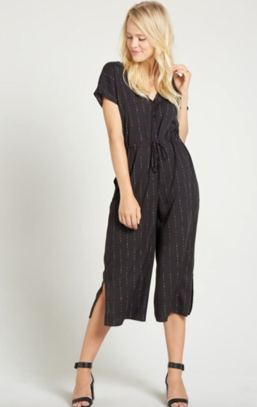 Bella Dahl Washed Black White Stripe Cap Sleeve V-Neck Jumpsuit w/ Pockets Small